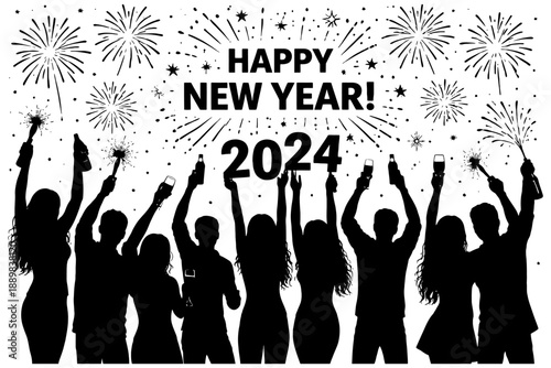 Silhouettes celebrate new year 2024 with fireworks and sparkling drinks.