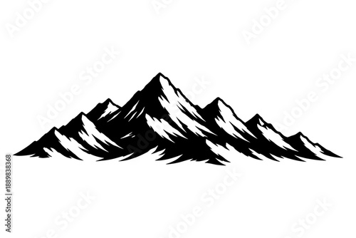 Black and white mountain range silhouette with sharp peaks and snowy accents.