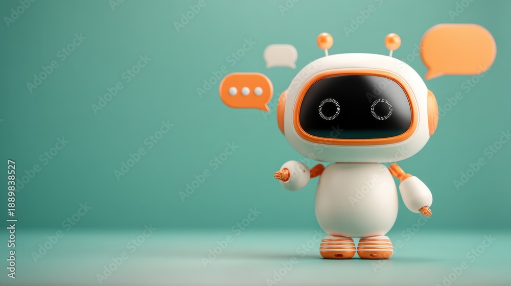 Fototapeta premium Small Robot Assistant Stands on Tidy Desk in Modern Workspace While Displaying Speech Bubbles With Text Prompts