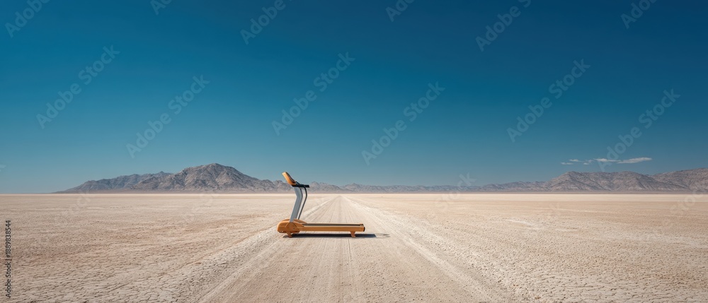 Fototapeta premium Treadmill Placed in a Desert Landscape Far From Any Buildings or People During the Day Under a Clear Blue Sky