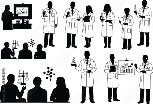 Professional science silhouette vector set showing diverse researchers and students in lab coats conducting experiments, giving presentations, and collaborating on research projects.