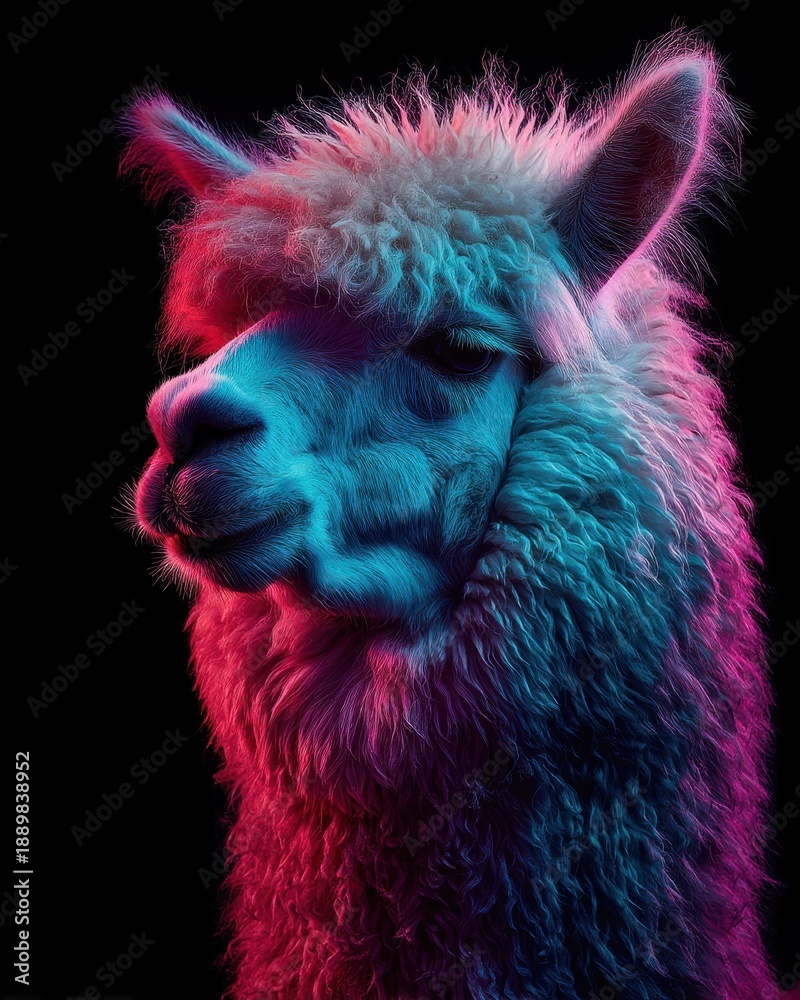 Naklejka premium Minimal Portrait of a Llama With Neon Rim Light in a Dark Setting, Showcasing Vibrant Colors and Clear Details