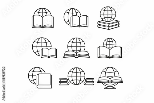 Outline icons of books with global globes representing worldwide literacy and education