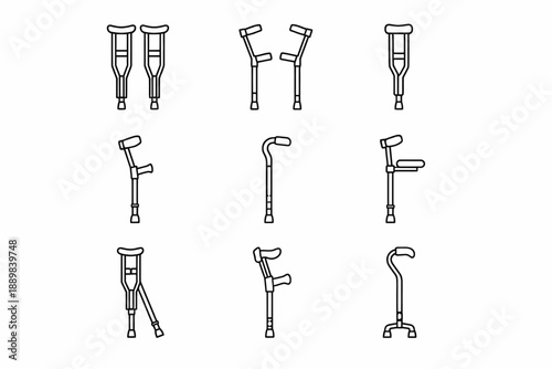 Set of diverse crutch and cane icons in various styles and configurations