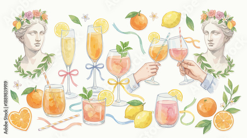 Whimsical watercolor collage of citrus drinks, cocktails, and floral garlands for a sunny summer celebration