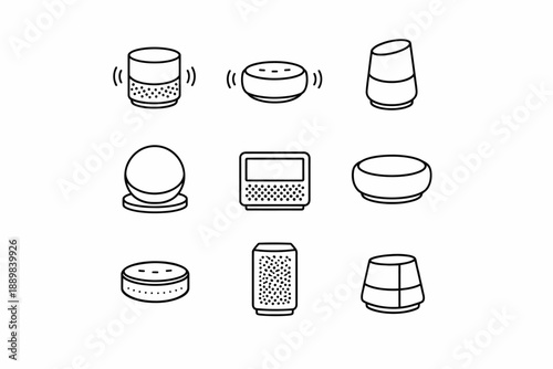 Minimalist icons of smart speakers and devices with simple line art designs