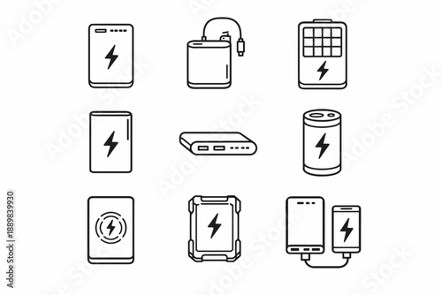 Line art icons of various portable power bank designs and charging devices