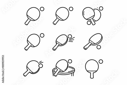 Table tennis paddle and ball icon set in various action poses