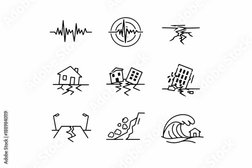 Earthquake hazard icons set: seismograph, buildings, cracks, landslide, tsunami