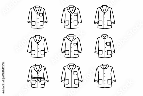 Set of nine different lab coat outline icons in various styles