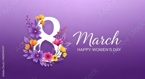 Happy womens day celebration with purple flowers and a white number 8 symbol on purple background