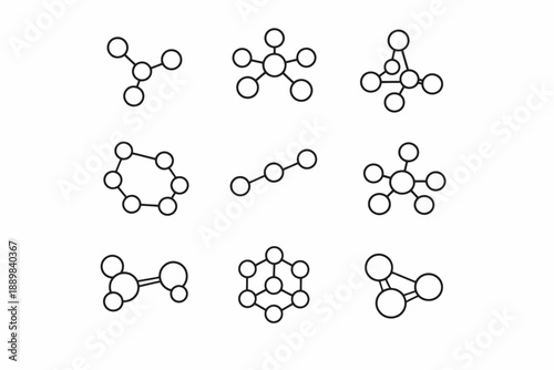 Simple molecular structure set of nine molecules with atom linkage symbols