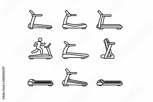 Set of nine treadmill icon variations in minimalist black and white line art