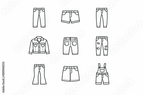 Collection of black and white line art denim clothing icons