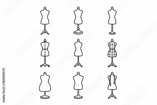 Collection of nine tailor's mannequins in various styles and patterns