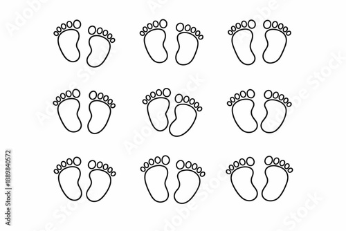 Pattern of nine pairs of black and white footprints on white background