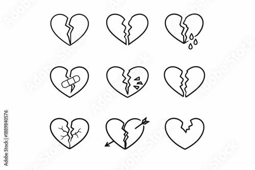 Set of nine broken heart icons with cracks tears and bandages
