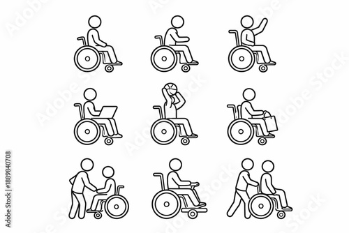 Diverse wheelchair icon set: activities and assistance illustrations