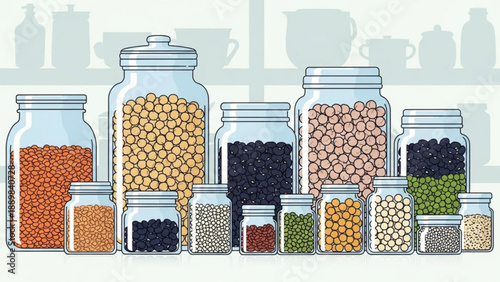 Assorted beans and legumes in glass jars on kitchen countertop for healthy eating and cooking