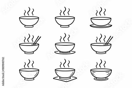 Set of nine simple line art bowls with steam in various styles