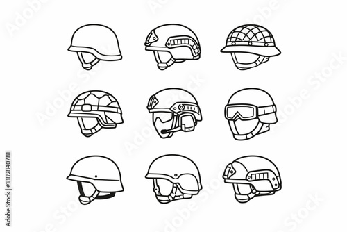 Set of nine protective military combat helmets in various designs