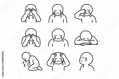 Crying emotion icons set with teardrop expressions in minimalist style