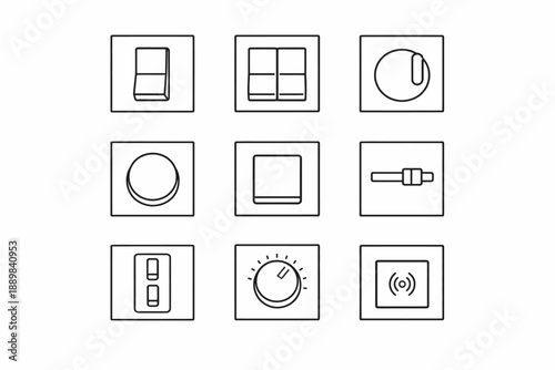 Collection of various electrical switches and dials outline icons