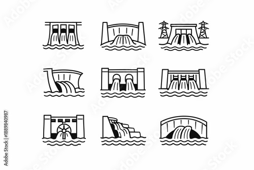Set of nine hydroelectric dam icons showing various designs