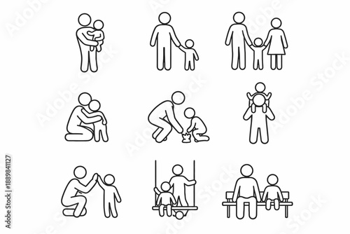 Simple line drawings of family interactions and activities