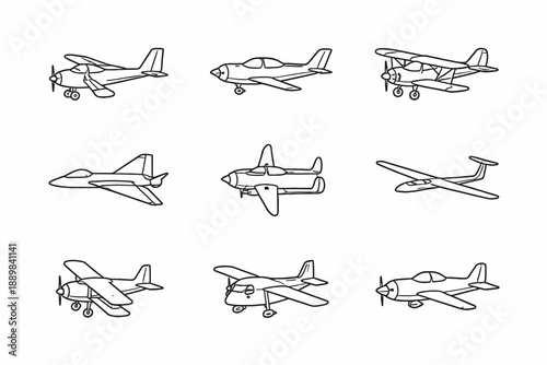 Set of nine outline drawings of various aircraft types