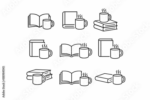 Minimalist coffee mugs and books pattern in black and white design