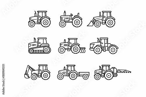 Collection of various tractor line art illustrations for agricultural machinery