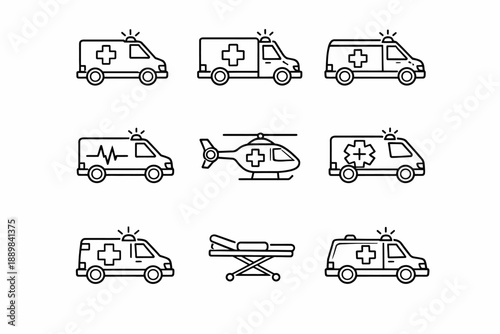 Emergency vehicle icons set: ambulance, helicopter, stretcher, medical transport symbols