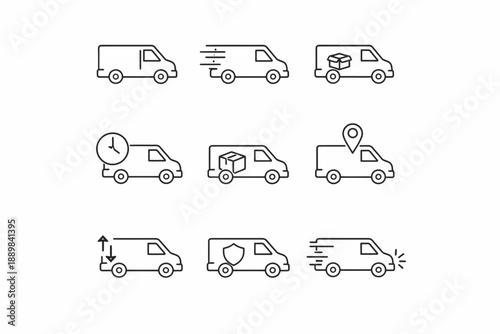Vector icons set: delivery trucks with packages and speed symbols