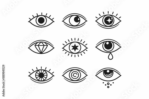 Nine artistic eye designs with unique symbols and patterns