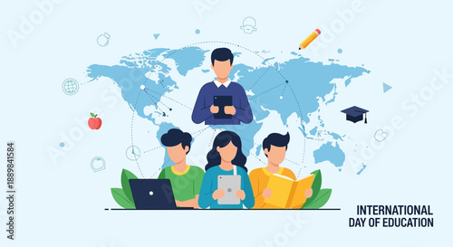 Flat Illustration International Day of Education with Student and Teacher