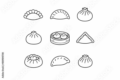 Variety of asian dumplings outline icons set