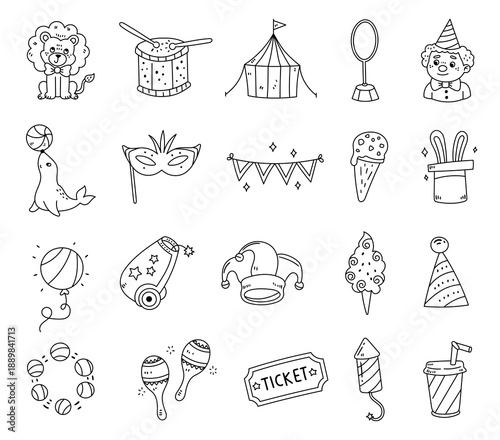 Circus set in outline line art featuring animals performers tent clown magic fun festival elements toys food decorations party entertainment show