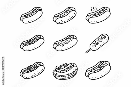 Variety of hot dog icon designs featuring classic and creative toppings