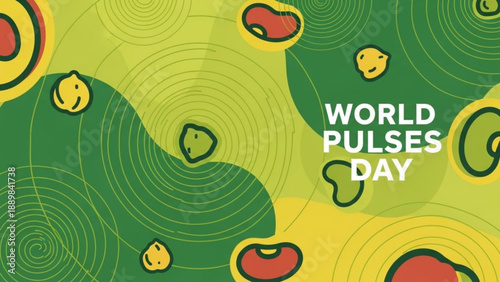 Vibrant green and yellow illustration celebrating world pulses day with pulses and swirling patterns