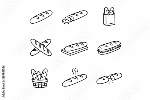 Set of bakery icons featuring various bread designs in line art style