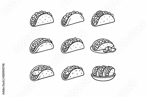 Various taco illustrations in a black and white cartoon style