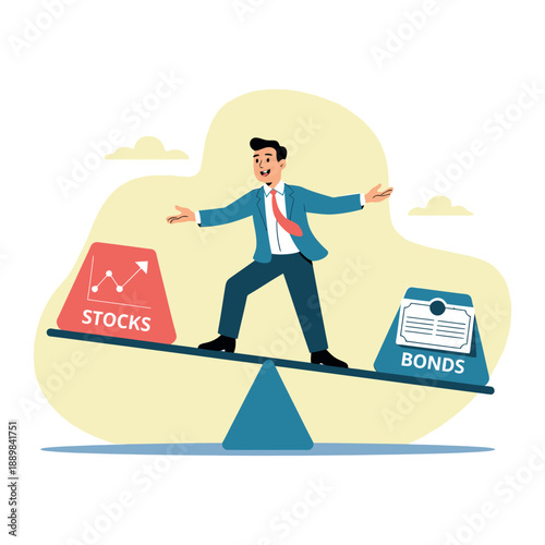 Businessman balances stocks and bonds on a seesaw representing financial investment decisions.
