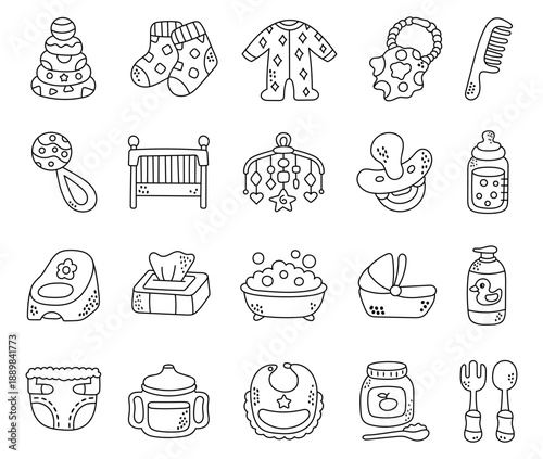 Children care set in outline line art featuring baby hygiene feeding sleep play nursery toys furniture clothing daily use development