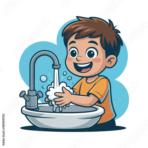 Smiling boy cheerfully washes his hands with soap and running water at a sink.