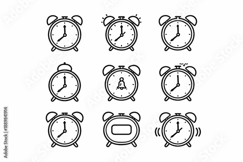 Variety of alarm clock icons in different styles and alerts
