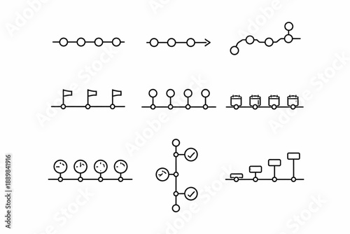 Collection of linear icon designs: timelines, processes, and diagrams in minimalist style