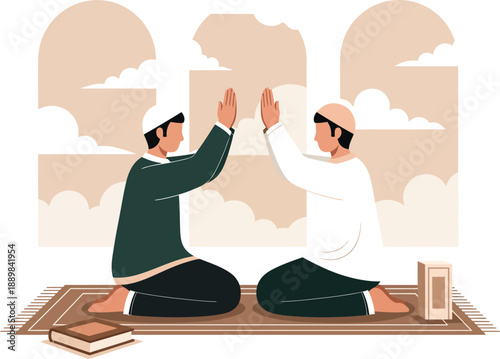 Two Muslim men in traditional attire kneeling on a prayer rug raising their hands in supplication.