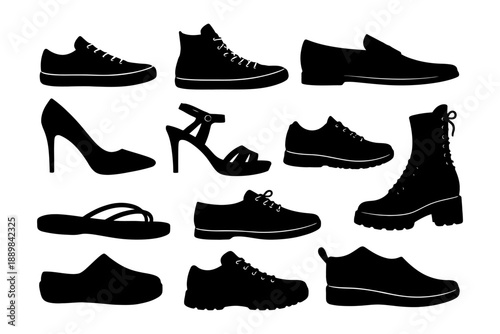 Collection of various silhouette footwear styles: sneakers, boots, sandals, heels.