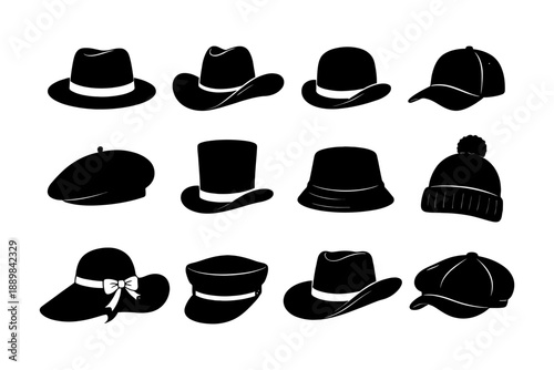 Collection of 12 silhouette hat icons including fedoras and caps.